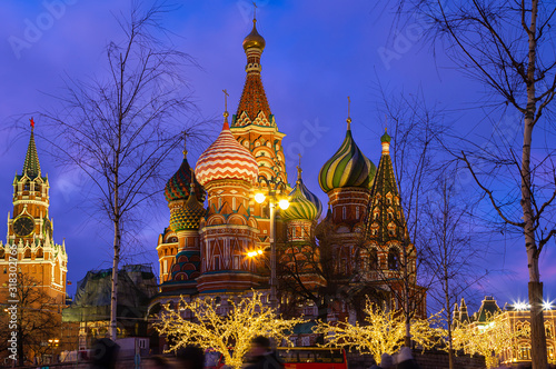 Saint Basil cathedral ( Temple of Basil the Blessed) and Christmas (New Year holidays) decoration, Red Square, Moscow, Russia (at night). Journey to Christmas, Moscow seasons