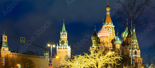 Saint Basil cathedral ( Temple of Basil the Blessed) and Christmas (New Year) decoration, Moscow, Russia. View from Zaryadye Park.