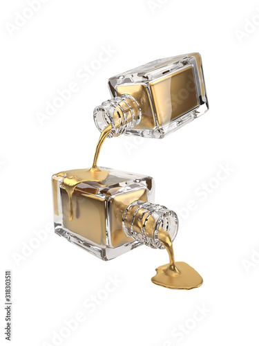 3d illustration of gold cosmetic bottle with drops, isolated on white with clipping path set