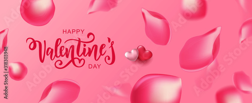 Happy Valentine's Day hand lettering typography with realistic looking rose petals. Vector design for greeting cards, banner, poster template. Celebration illustration.