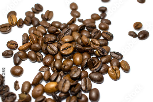 Coffee beans background  roasted coffee beans on a white background  space for text.