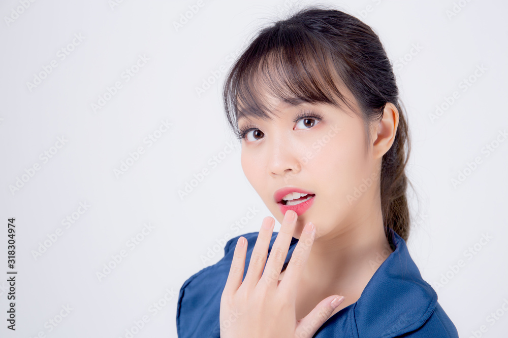 beautiful portrait young business asian woman standing with surprise and excited success isolated on white background, asia businesswoman career secretary or accountant work expression shock. beautiful portrait young business asian woman standing with surprise and excited success isolated on white background, asia businesswoman career secretary or accountant work expression shock.