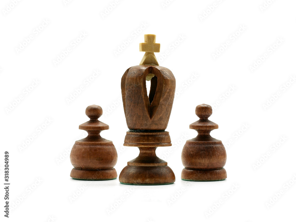 Leadership Concept: Black King Chess Piece With Two Pawns, Isolated On White Background Leadership Concept: Black King Chess Piece With Two Pawns, Isolated On White Background