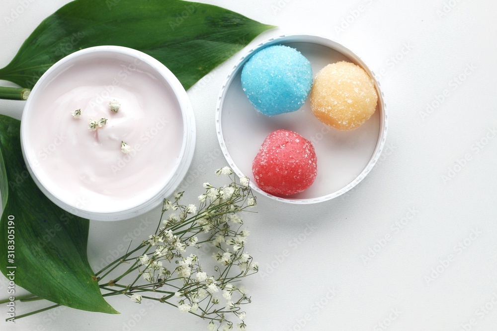 Organic skincare products on minimalistic background with copy space