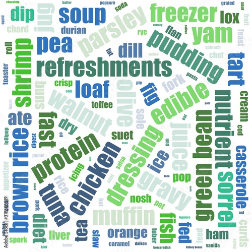 Tag cloud typography concept illustration. Terms - food and meals. Colors: manatee, gray, cadet blue, wild blue yonder, blue bell.