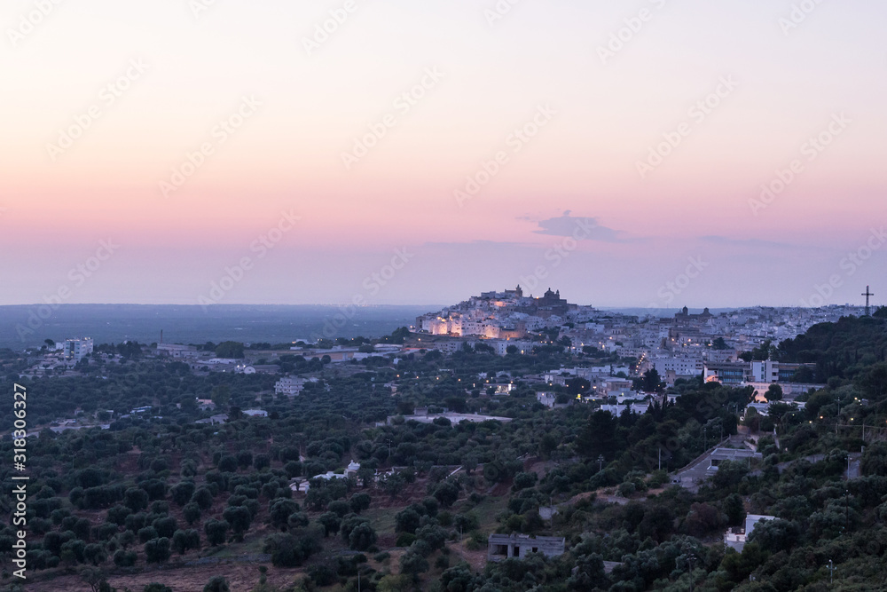 Beautiful view of the city of Ostuni before dawn. Ostuni, Italy