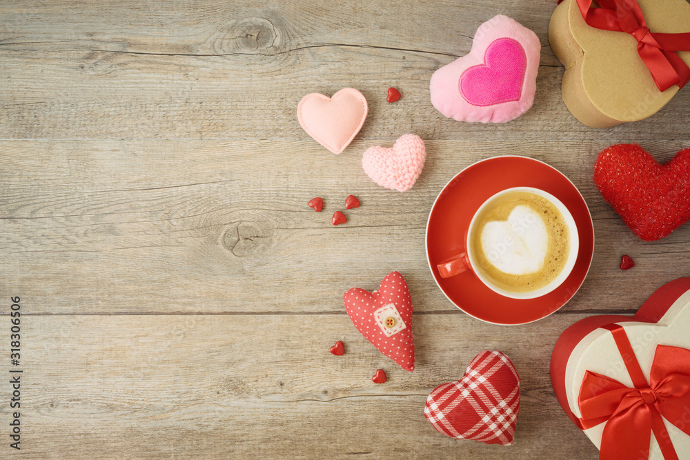 Valentines day background with heart shapes, coffee cup and gift boxes. Valentines day background with heart shapes, coffee cup and gift boxes.