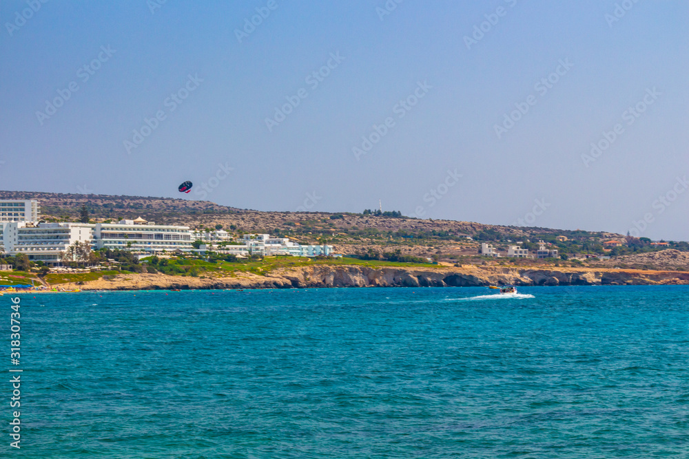 Ayia Napa, Cyprus - September 06, 2019:  The cyprian beach during summer