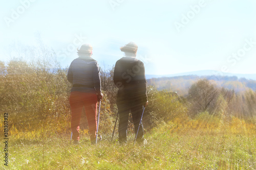 Two women of age are engaged in Nordic walking in nature in the autumn. Activity of older people for a healthy lifestyle. Sports events and outdoor activities. Improvement of the body in the sunligh.