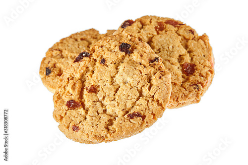 Three chip cookies isolated on white background. Sweet biscuits. Close up.