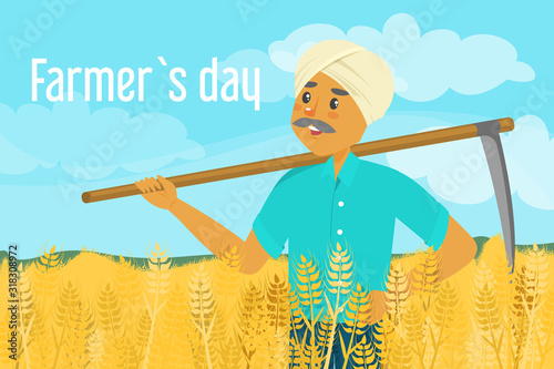 Farmer day vector illustration. Happy asian farmer standing
