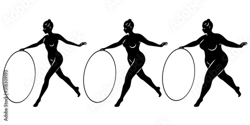 Collection. Silhouette of a cute lady, she is engaged in rhythmic gymnastics with a hoop. The woman is overweight and a slender girl athlete. Vector illustration set