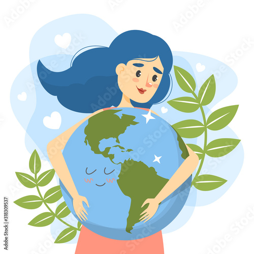 Woman hug earth vector isolated. Save the earth concept.
