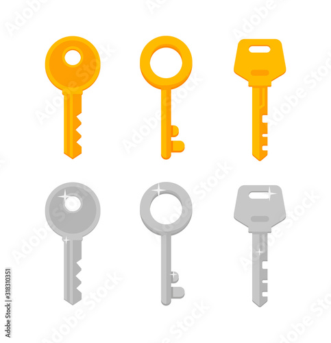 Set of house keys. Gold and silver keys isolated on white.