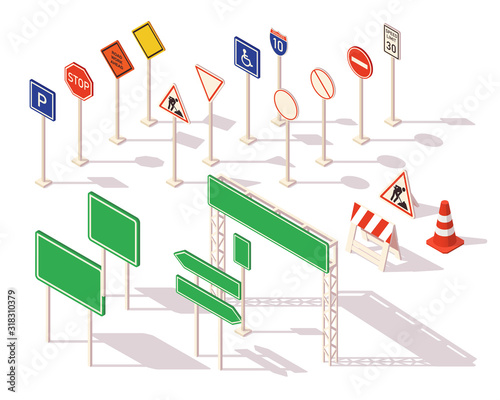 Set of different road signs isometric. Common warning signs symbols and road traffic regulatory. Flat 3d isometric icons road signs for infographic.