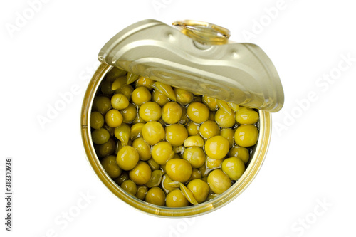 Open tin can with green peas on a white background. View from above. Green peas in a jar isolated on a white background. Canned green peas in a jar. photo