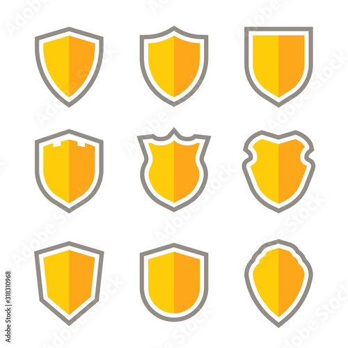 Flat yellow shields set. Vector