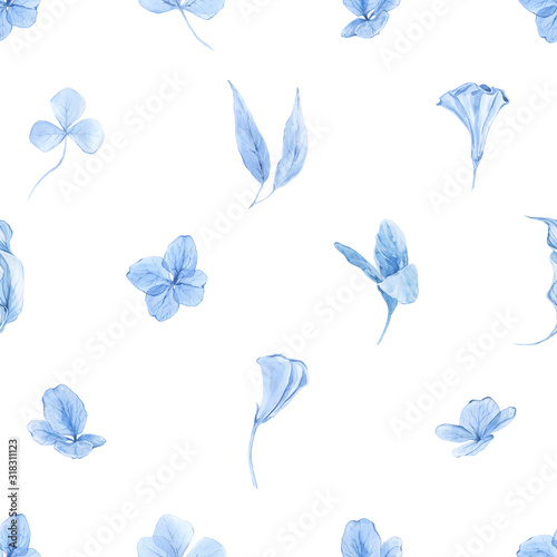 Abstract classic blue watercolor seamless pattern. Hand painted hydrangea flower background. Isolated blue flowers and leafs. Print for textile, fabric, wedding invitation design