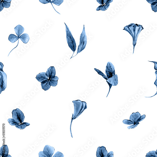 Abstract classic blue watercolor bohemian seamless pattern. Hand painted background. Isolated blue hydrangea flowers and leafs. Print for textile, fabric, wedding invitation design © Alecs