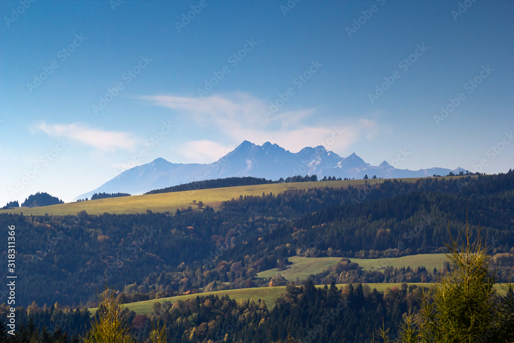 Tatra Mountains. View from mountain Nad Skalnou in Lubovnianska vrchovina (Western Beskids), Slovakia.