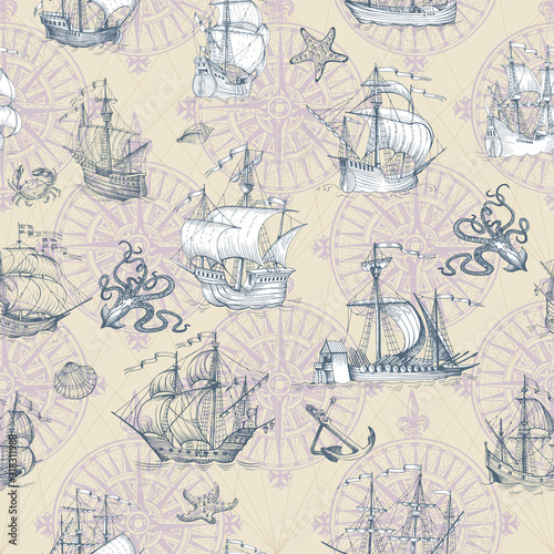 Old caravel, vintage sailboat. Hand drawn vector sketch. Vector seamless pattern