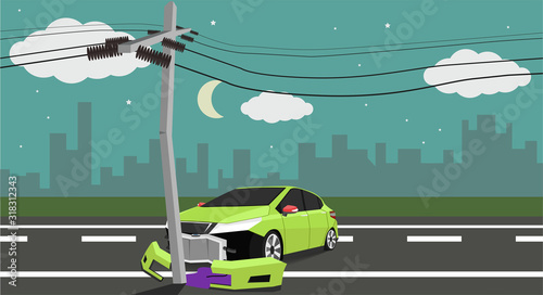 Damage Car crash pole light accident cannot drive.The front is severely damaged. The equipment is broken.