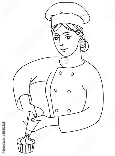 Female cook decorates a cake, vector illustration on white background. Hand drawn pastry-cook in chef uniform and cap at work, confectioner holds a pastry bag.