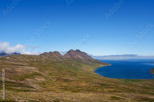 Mountain and fjord landscape near Drangsnes in the Westjords of Iceland