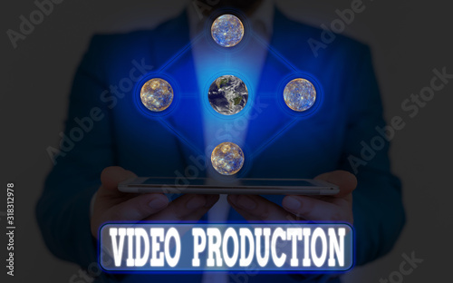 Text sign showing Video Production. Business photo showcasing process of converting an idea into a video Filmaking Elements of this image furnished by NASA photo