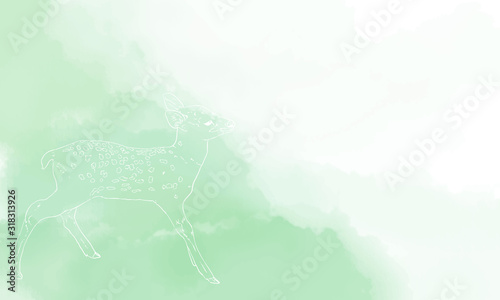 鹿のリアルな線画と水彩風背景