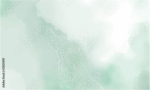 鹿のリアルな線画と水彩風背景