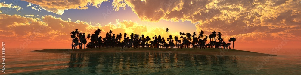 Beautiful sunset over a tropical island, panorama of sea sunset beach with palm trees, 3D rendering