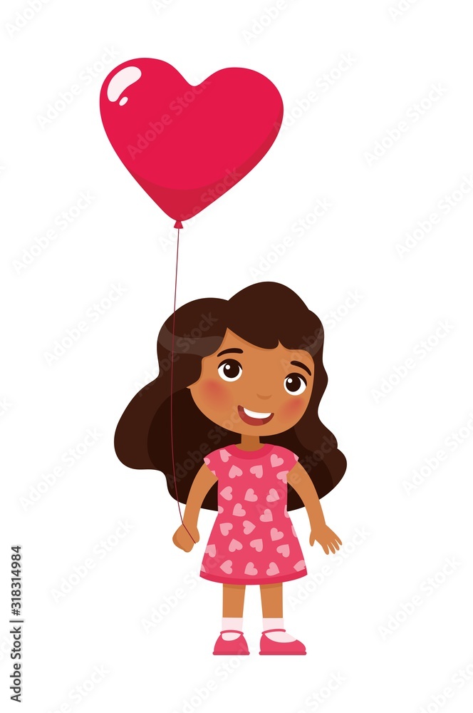 Little girl holding heart shaped balloon flat vector illustration. Valentines Day celebration. Smiling child character with present. February 14 holiday isolated design element Little girl holding heart shaped balloon flat vector illustration. Valentines Day celebration. Smiling child character with present. February 14 holiday isolated design element