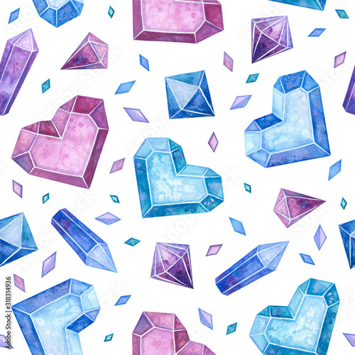 Icy hearts and crystals hand drawn seamless pattern. Brilliant crystalline shapes watercolor drawing. Jewels, bijouterie texture. Girlish textile, wallpaper, wrapping paper design