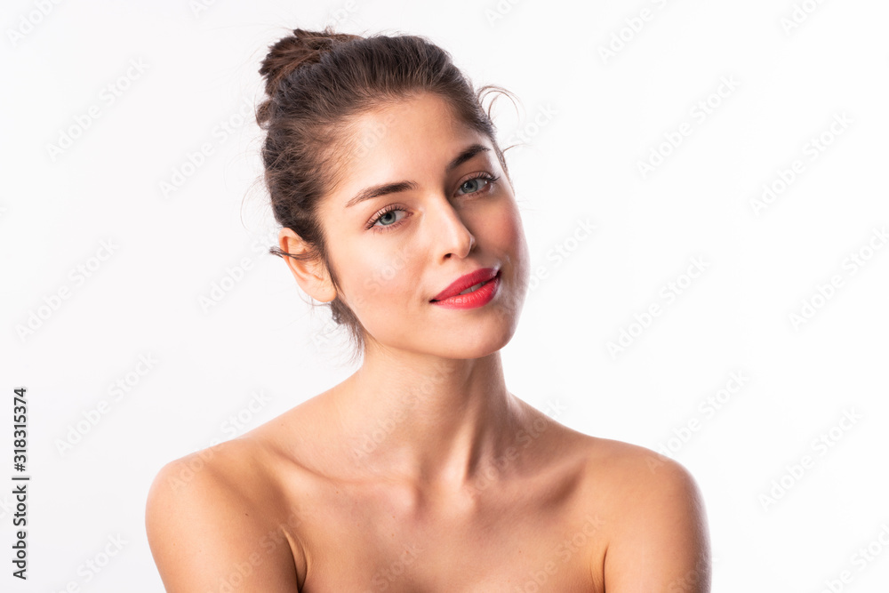Close-up beauty portrait of beautiful young woman with red lipstick Close-up beauty portrait of beautiful young woman with red lipstick