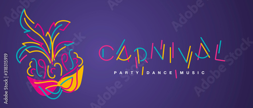 Carnival handwritten typography colorful logo dance music carnival mask isolated purple background