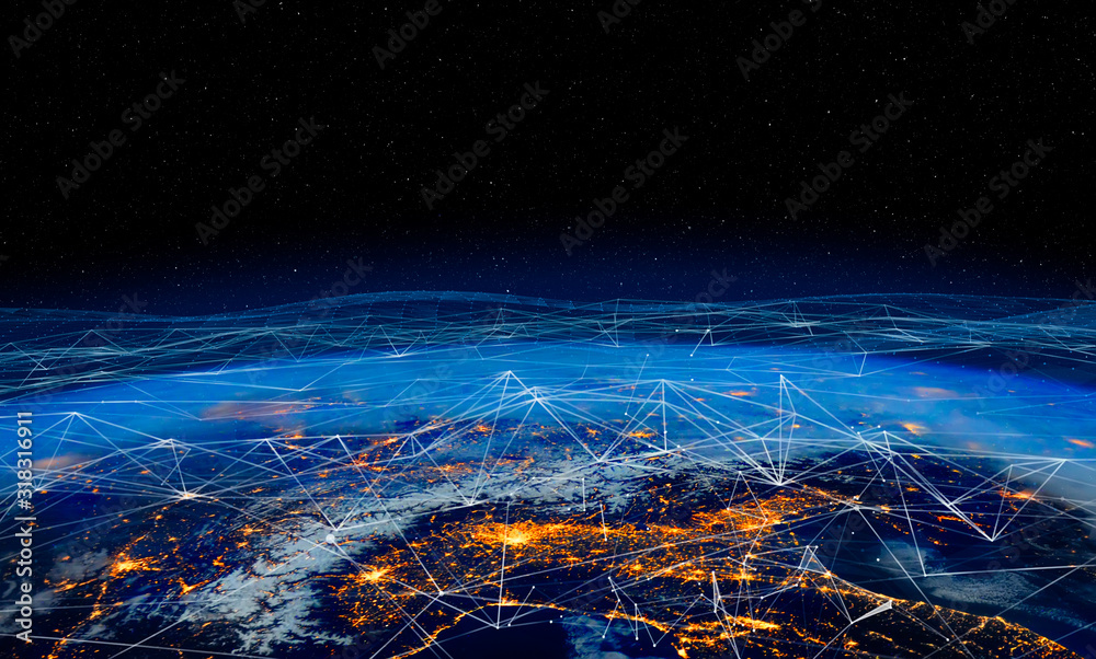 Communication technology for internet business. Global world network and telecommunication on earth cryptocurrency and blockchain and IoT. Elements of this image furnished by NASA