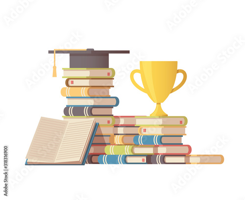 Stack of books, graduate hat and winner cup on the top. Logo design or template education, online courses or business training webpage icon. Vector flat illustration.