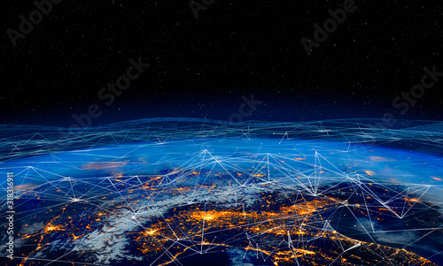 Obraz na płótnie Communication technology for internet business. Global world network and telecommunication on earth cryptocurrency and blockchain and IoT. Elements of this image furnished by NASA w salonie