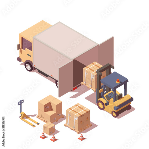 Vector Isometric box truck loading icon. Include forklift, pallet jack, delivery truck and cardboard boxes. Shipping cargo delivery concept. Isolated white background