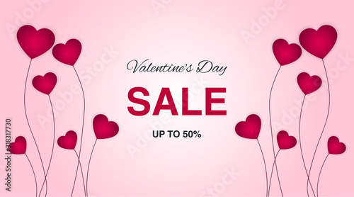 Valentine's Day sale poster, banner with pink hearts and text on isolated background