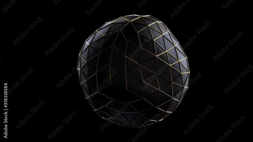3d render of black abstract sphere shape and geometric gold wireframe structure with soft wave movement on black background. Seamless loop animation.