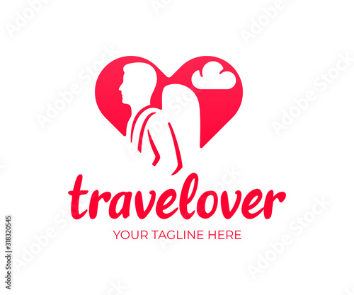 Travel lover, tourist with a backpack in the heart, logo design. Tourism, journey and traveling, vector design and illustration