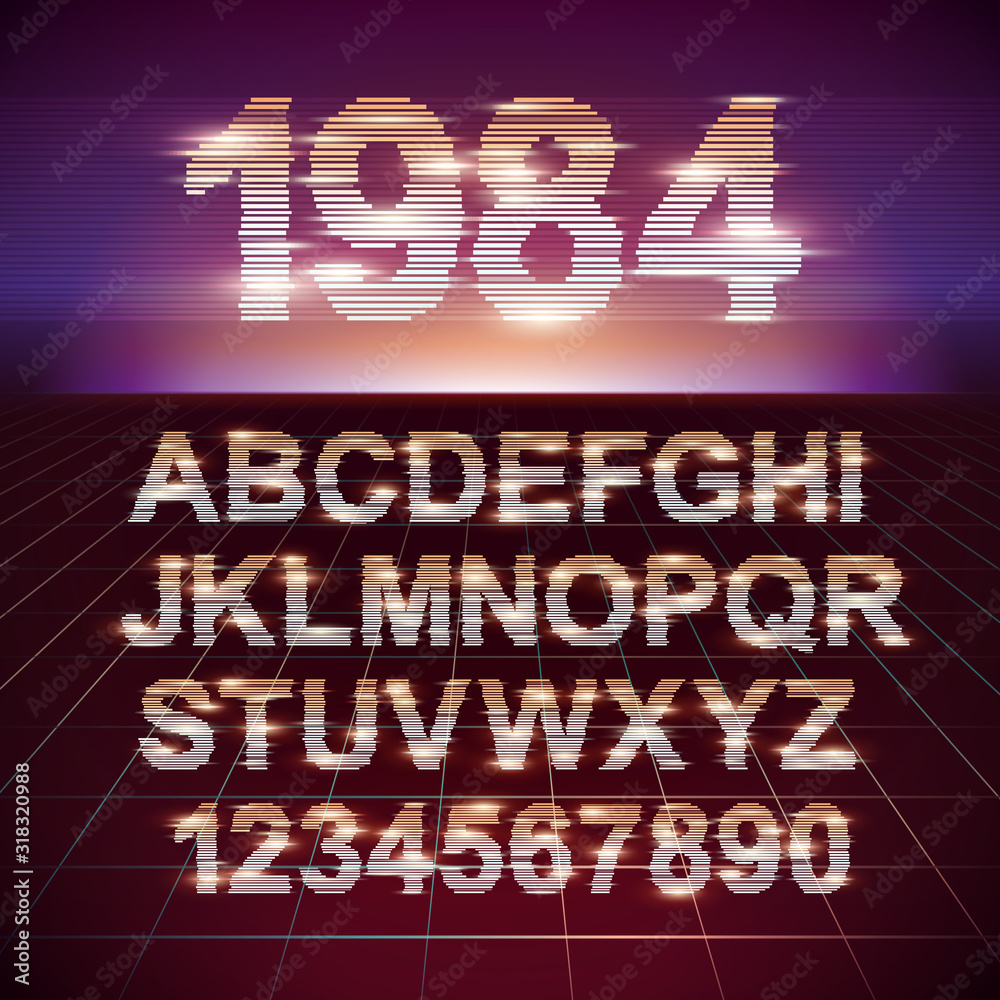 Vecteur Stock Retro CRT screen Futuristic Movie Font. Stylish Retro Synth  Wave Alphabet in 80s style. Vector font on laser grid background | Adobe  Stock