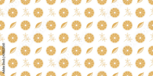 Fototapeta Naklejka Na Ścianę i Meble -  Golden seamless pattern with orange fruit slice, flower and leaf. Gold texture