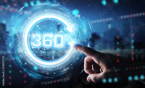 Schilderij op canvas Man hand using 360 degree virtual reality neon interface 3D rendering