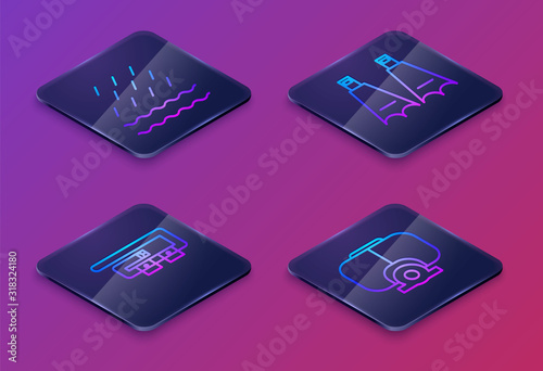 Set Isometric line Rain and waves, Diving belt, Rubber flippers for swimming and Diving mask. Blue square button. Vector