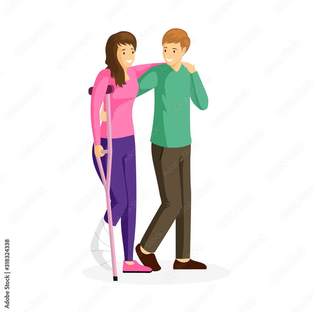 Trauma, injury rehabilitation flat vector illustration. Happy young couple, smiling man and woman with broken leg cartoon characters. Husband helping wife on crutches, voluntary support design element Trauma, injury rehabilitation flat vector illustration. Happy young couple, smiling man and woman with broken leg cartoon characters. Husband helping wife on crutches, voluntary support design element