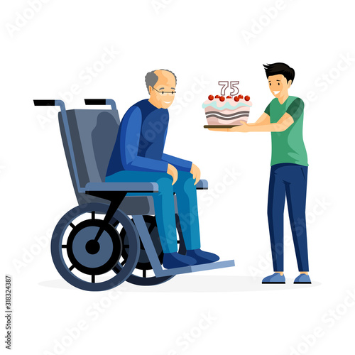 Anniversary celebration flat vector illustration. Happy senior adult in wheelchair and kid with cake cartoon characters. Grandson congratulating grandfather with birthday, family care and support