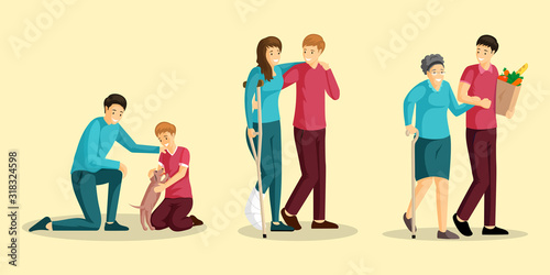 Charity activities flat vector illustrations set. Smiling kid, injured woman, old lady and volunteers cartoon characters. Animal adoption, trauma rehabilitation help, grocery shopping assistance